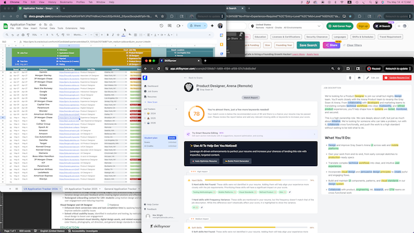A screenshot of a desktop with multiple windows open and covering the screen with a resume open, a spreadsheet, a job description scanner, and more behind those.