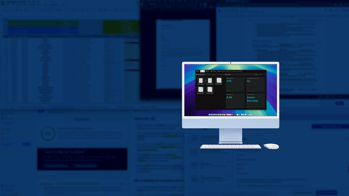 A hero image with desktop computer showing a desktop app opened on the screen; the desktop app shows a dashboard of job search statistics and features like a resume builder, application tracker, and more.