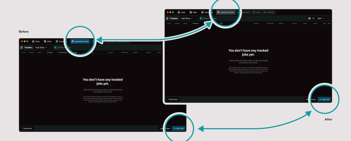 A graphic showing 2 before and after interfaces; the before shows the current 'tab' and 'call to action' using the same color of blue while the after shows the current 'tab' has a different color now.