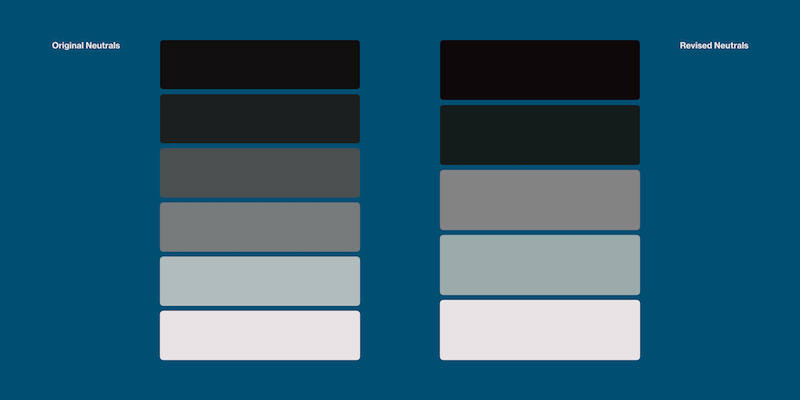 2 sets of color swatches next to each other; on the left are 6 neutral colors and on the right are 5, to show the before/after selection with 2 grays being swapped for a better gray option.