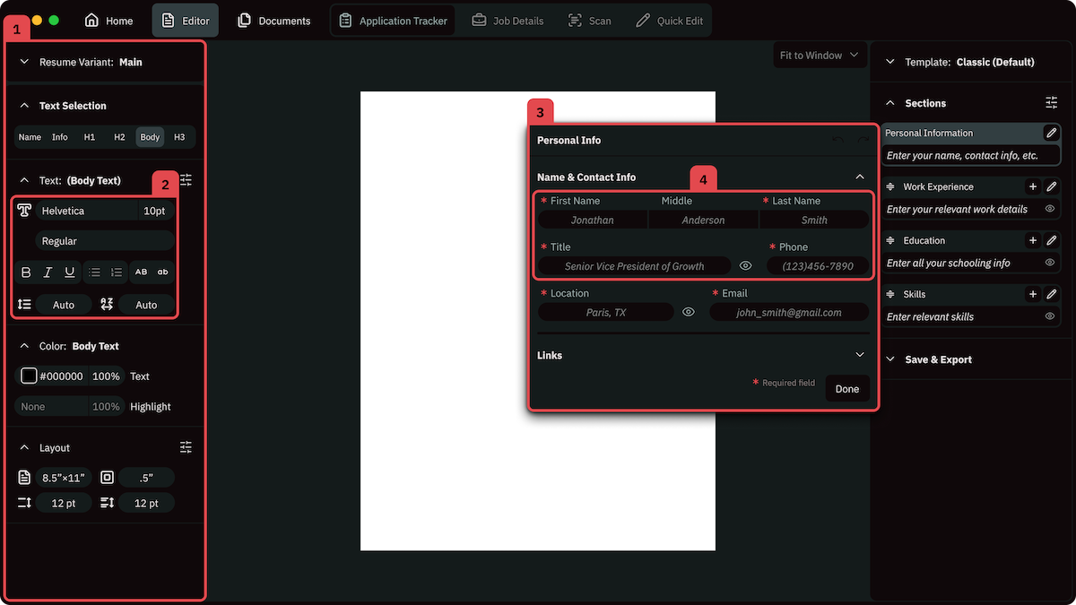 A screenshot of an interface from Arrakeen Guild, the desktop app, with 4 parts of the interface highlighted and labeled.