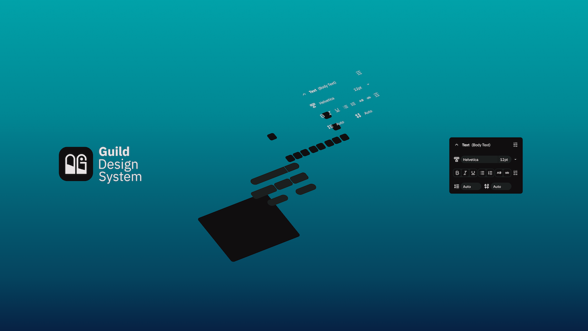 A hero image with a logo (a stylized 'AG' beside the name 'Guild Design System') beside an exploded view of a menu, showing the different layers of components and foundational elements, and the combined menu with finalized and consistent visual design.