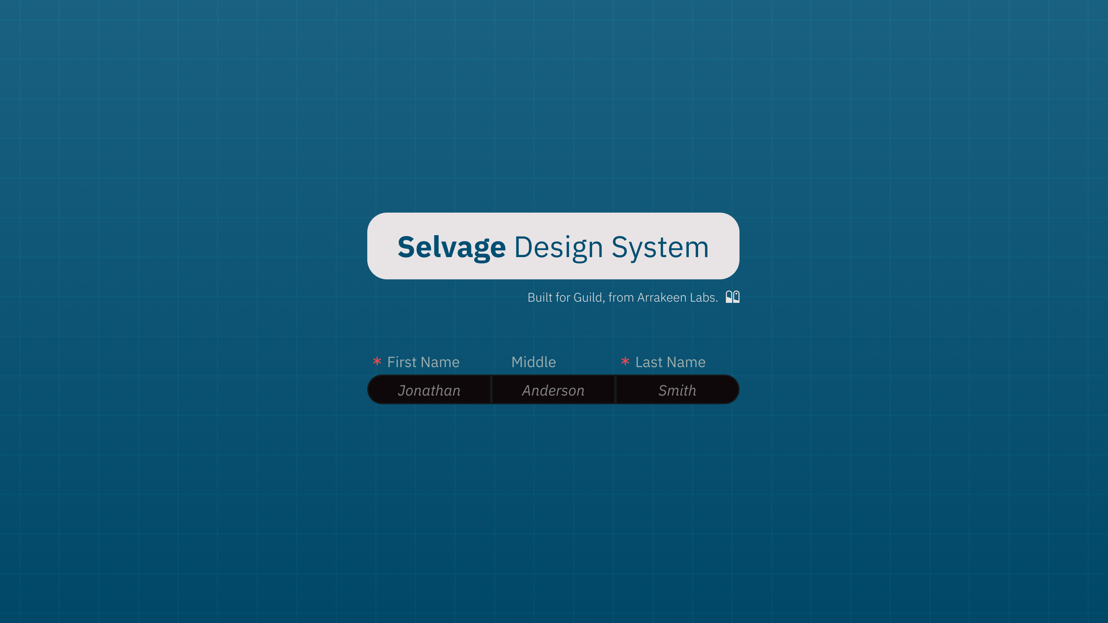 A short animation with the name 'Selvage Design System: Built for Guild, from Arrakeen Labs' which cycles between 5 different deployed component previews from the design system.