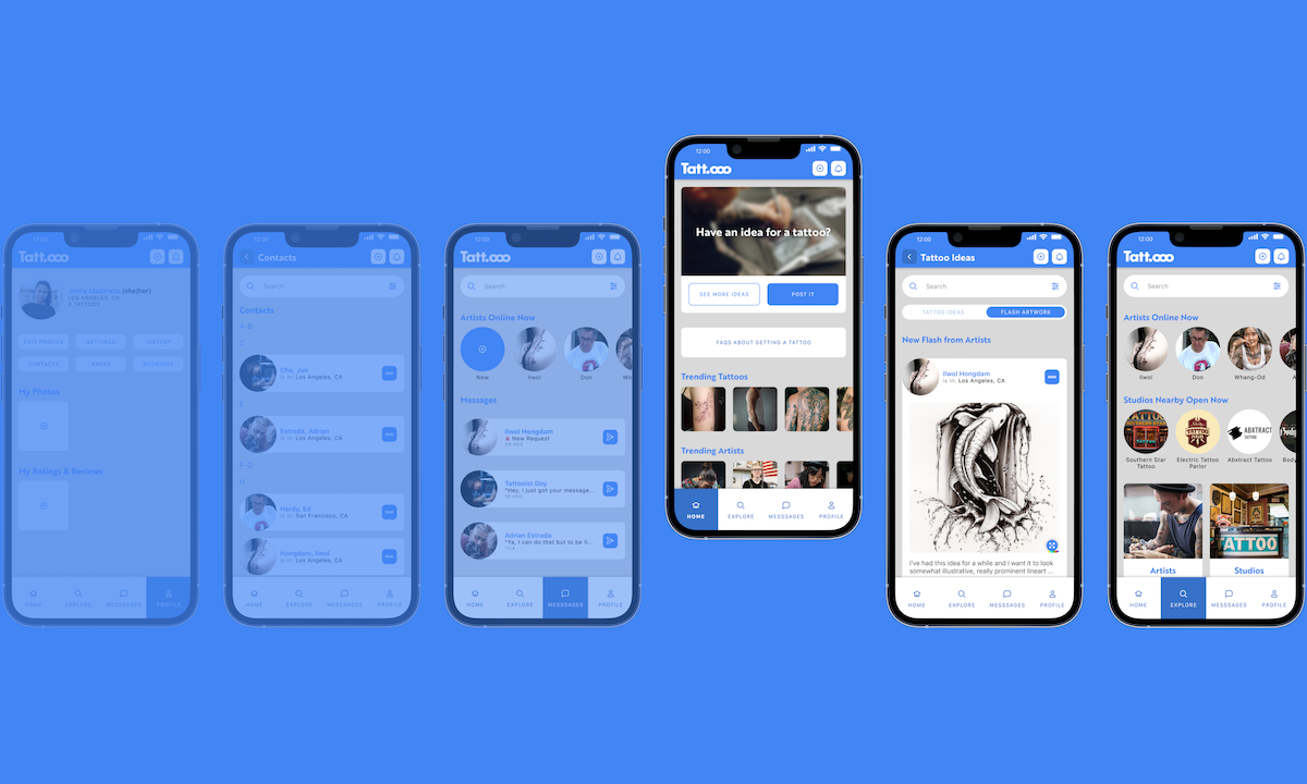 A series of mockups showing multiple iPhones. Each iPhone shows a different, high-fidelity screen of a mobile app. The mobile app shows pages like Home, Messages, and Contacts in a minimal palette of white and blue.