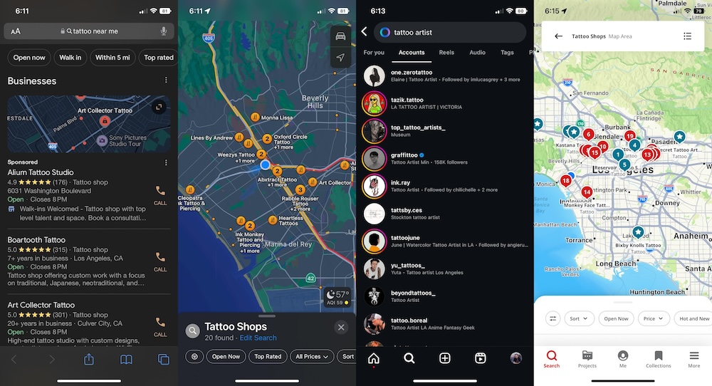 Screenshots showing different mobile touchpoints when researching tattoos: Google search results, Apple Maps search results, Instagram search results, and Yelp search results.