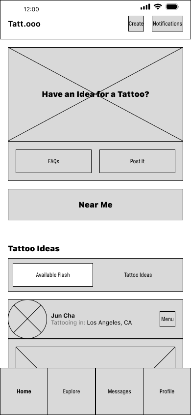 Low fidelity wireframe of a mobile app with a tab bar at the bottom, a content box for a hero image, and placeholder buttons below.