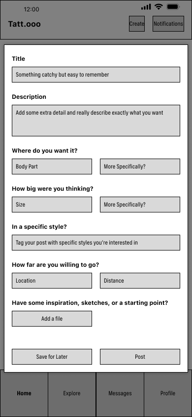 Low fidelity wireframe of a form which appears as a modal over the previous home page wireframe; its one page of text entry inputs.