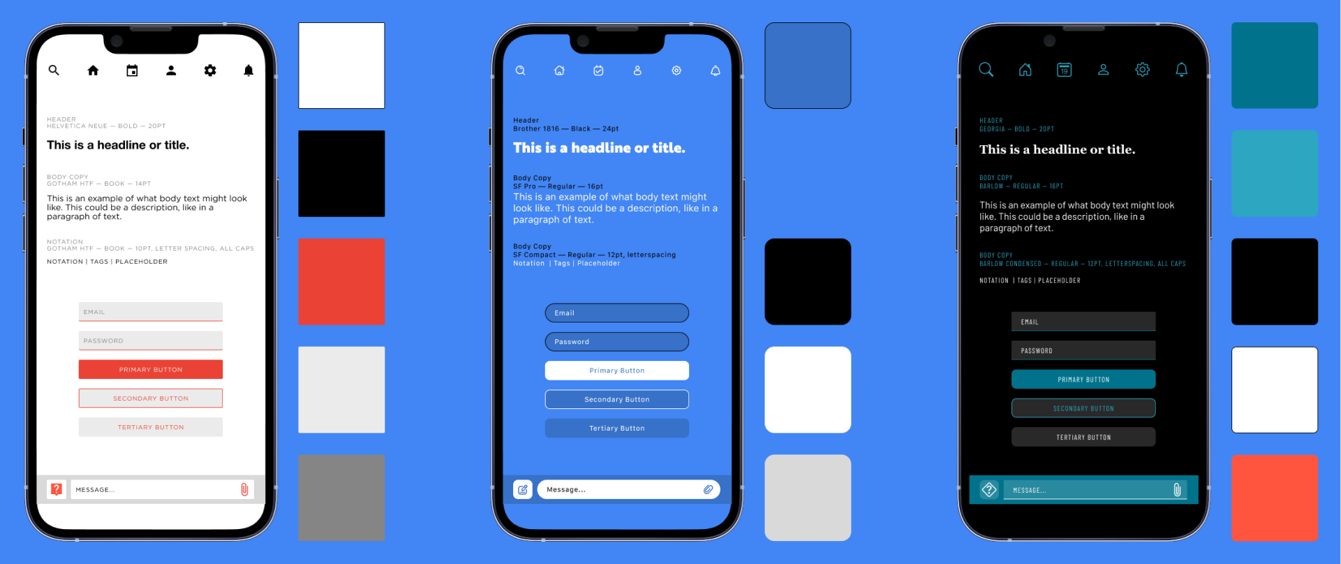 3 visual design explorations in a row, each one in the form of an iPhone mockup with several visual design elements, like buttons and text inputs, and typography explorations on the screen. Each phone is next to a color palette.