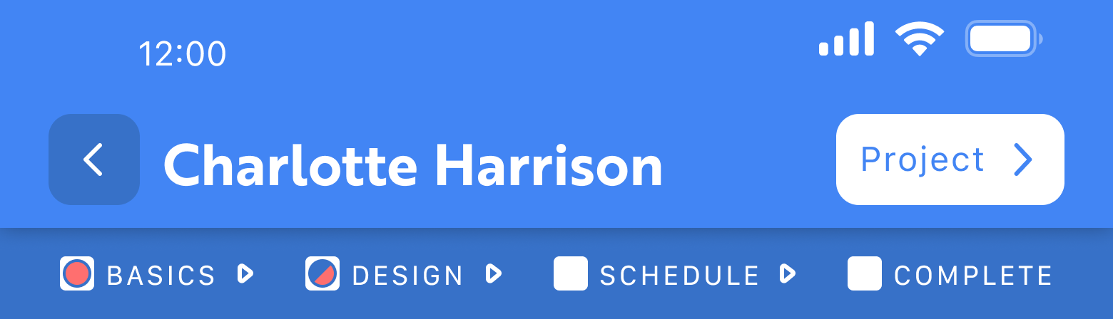 A title bar, which would go at the top of the app, that's similar to the previous, with a username at the top, but the right side now has a button to go to the current Project, and underneath the bar is a small, horizontal checklist with list items for Basics, Design, Schedule, and Complete, to track the current tattoo process.