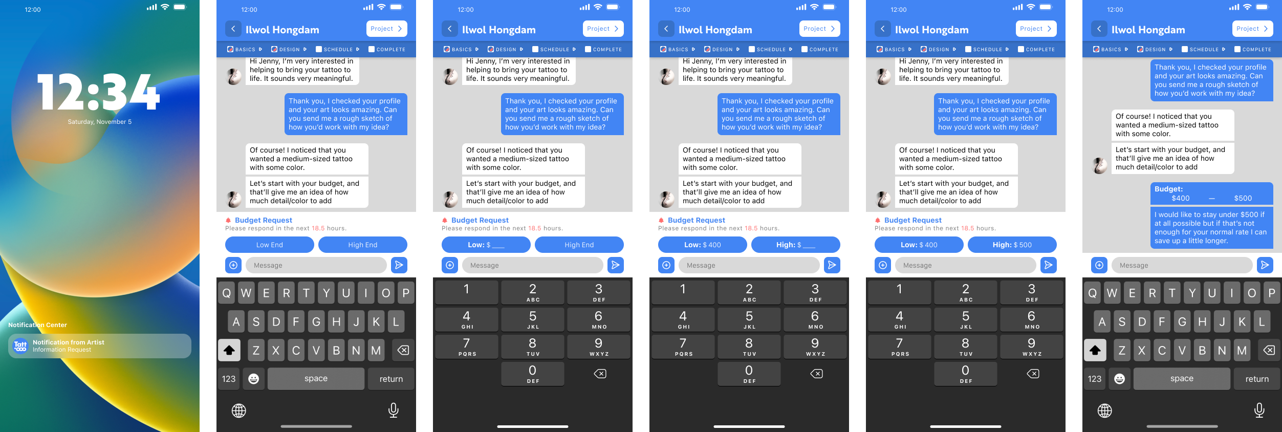 A series of screens showing a user flow starting from a pop-up notification.