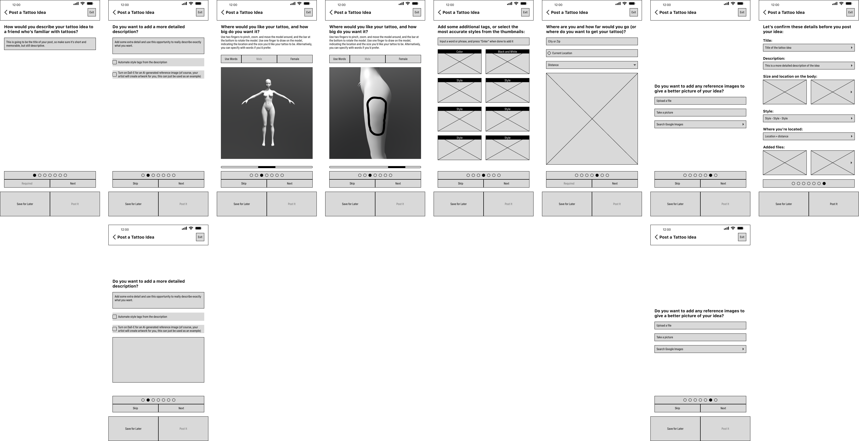 A series of low fidelity wireframes going page by page through a multi-page form. Everything is filler content, with gray rectangles instead of buttons, words in place of icons, and a black 'X' in place of each image.