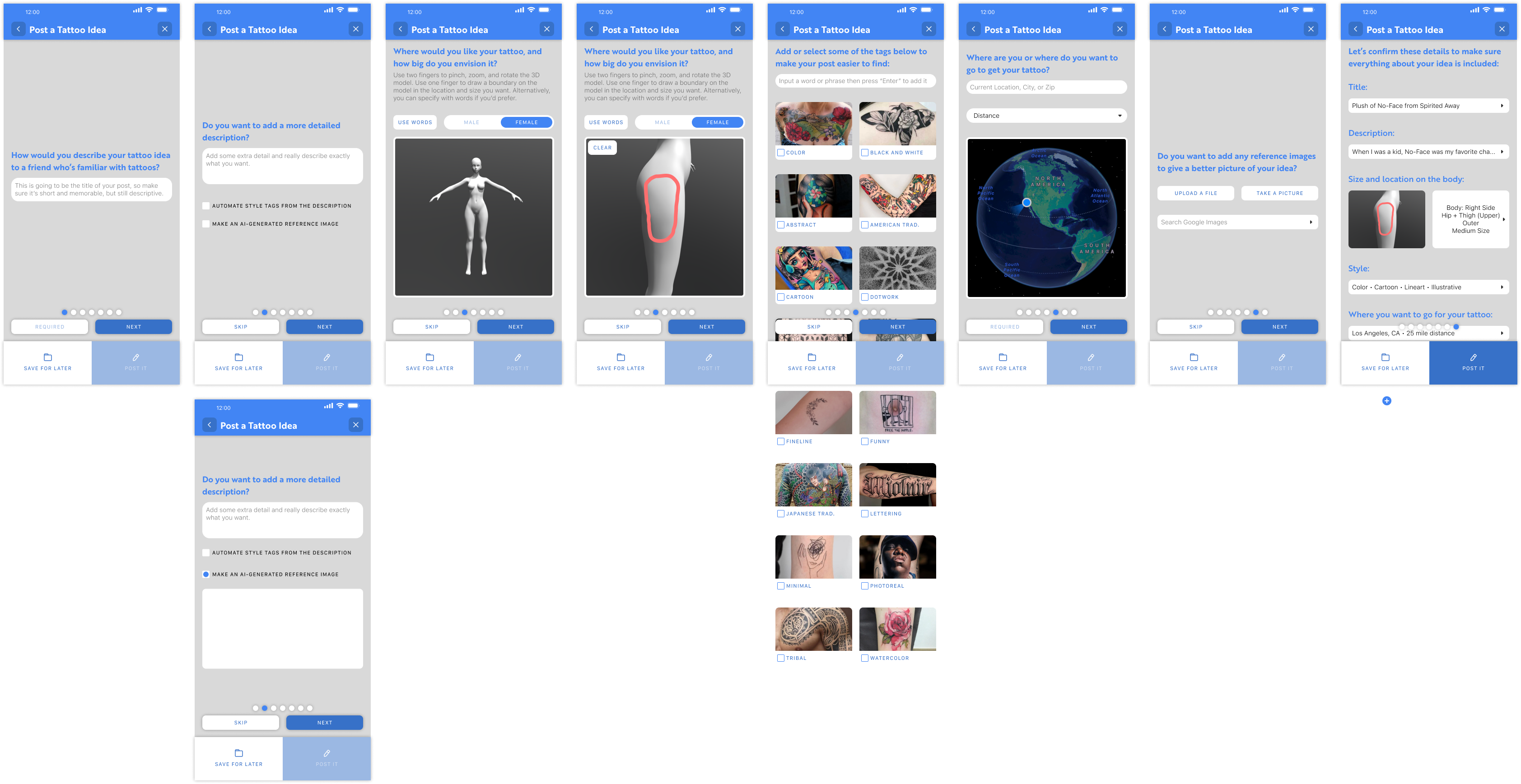 A series of high fidelity wireframes going page by page through a multi-page form. The grays have all been filled in with the white, blue, and gray color palette, icons have been put in place, and image spaces have been filled in.